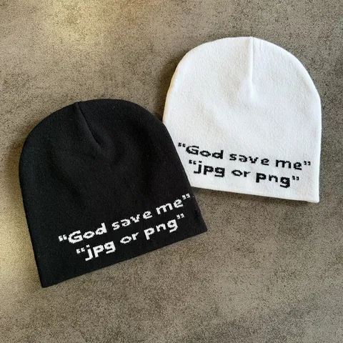 Gorro de Punto de Acrílico con Letras God Save Me Fuente de Píxeles Unisex Minimalista Streetwear Gorro de Invierno Cálido Hombre Mujer