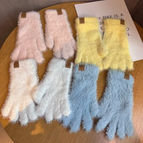 Orecchini a Bottone in Finto Pelo di Visone Guanti Invernali Caldi in Peluche Lavorato a Maglia Per Donna Con Toppa in Pelle