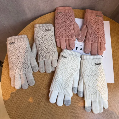 Women Winter Knitted Gloves Touchscreen Warm Wool Mittens Double Layer Hollow Wave Braid Pattern Fashion Metal Plate Decor