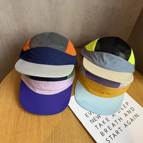 Unisex Patchwork Breathable Mesh Flat Brim Baseball Cap Polyester Quick Dry 5 Panel Camp Hat Outdoor Sunshade Streetwear Hat