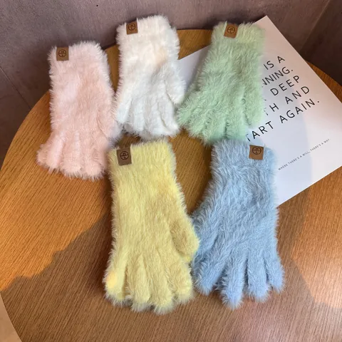 Orecchini a Bottone in Finto Pelo di Visone Guanti Invernali Caldi in Peluche Lavorato a Maglia Per Donna Con Toppa in Pelle