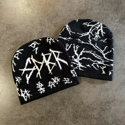 Unisex Hip Hop Beanie Hat Knitted Acrylic Skull Letter Jacquard Warm Pullover Cap Streetwear Dark Style Winter Headwear