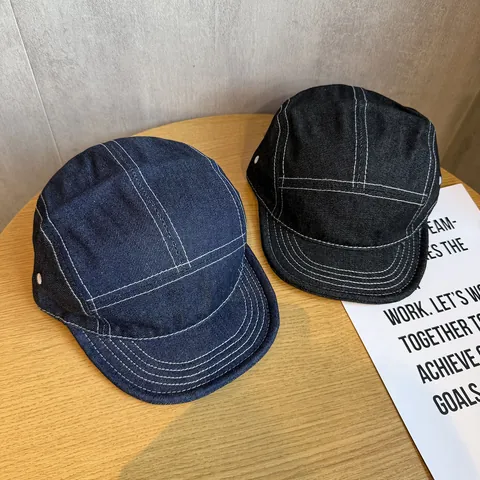 Casquette Camper 5 Panneaux en Denim Lavé Rétro Unisexe Avec Surpiqûres Contrastées Sangle Réglable en Cuir Coton