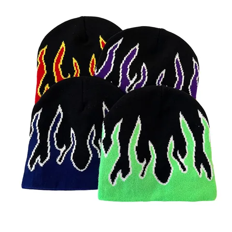Hip Hop Flame Pattern Knit Beanie Hat For Men Women Winter Warm Streetwear Acrylic Pullover Skull Cap Punk Y2K Fashion Outdoor Hat