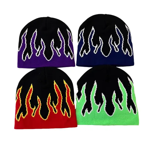 Hip Hop Flame Pattern Knit Beanie Hat For Men Women Winter Warm Streetwear Acrylic Pullover Skull Cap Punk Y2K Fashion Outdoor Hat