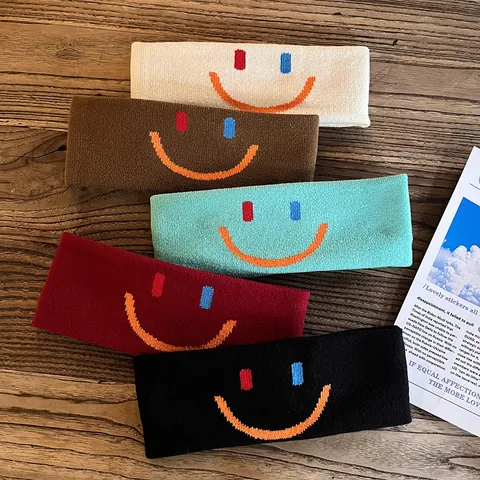 Knitted Sports Headband For Men Women Elastic Sweatband For Running Yoga Fitness Smile Face Pattern Gym Workout Headwear