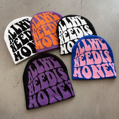 Trendy Jacquard Letter Knit Beanie For Men Women Streetwear Winter Warm Acrylic Cuff Cap All We Need Is Money Hat