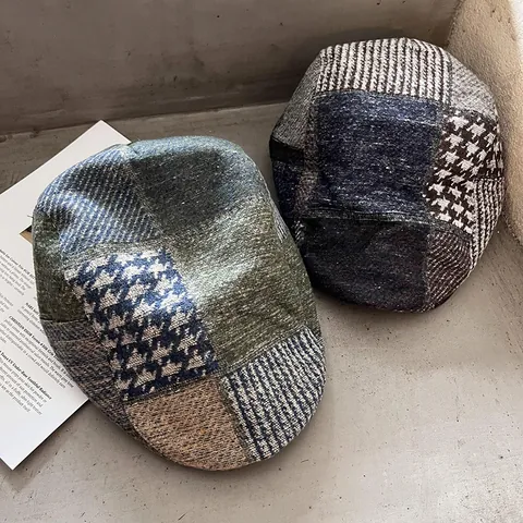 Béret Plat Vintage Patchwork à Carreaux pour Hommes Femmes Style Britannique Béret en Polyester Réglable Chapeau Newsboy Ivy Chaud Couvre-chef Automne Hiver