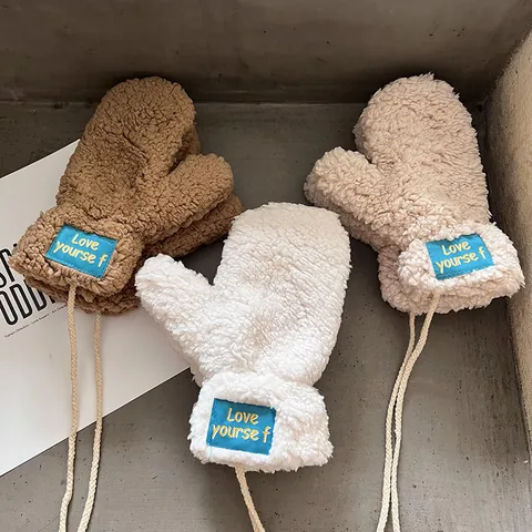 Women Winter Warm Wool Sherpa Plush Mittens Cute Letter Patch Hanging Neck Fleece Lined Cycling Coldproof Gloves For Students