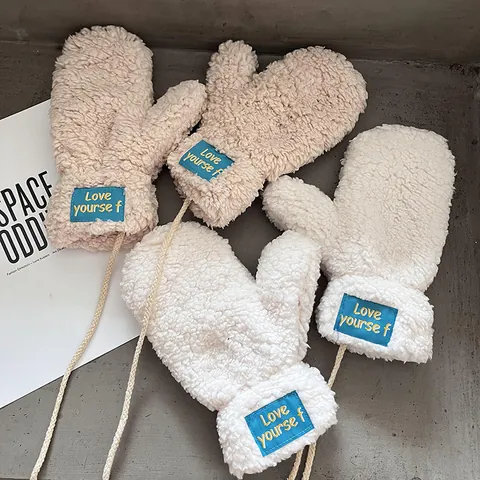 Women Winter Warm Wool Sherpa Plush Mittens Cute Letter Patch Hanging Neck Fleece Lined Cycling Coldproof Gloves For Students
