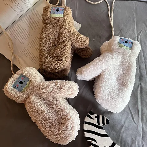 Winter Plush Mittens With Hanging String Cute Cartoon Koala Patch Thickened Warm Fleece Gloves For Women Students Outdoor