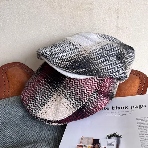 British Style Retro Plaid Newsboy Cap For Men Women Winter Warm Tweed Herringbone Flat Cap Adjustable Patchwork Beret Hat