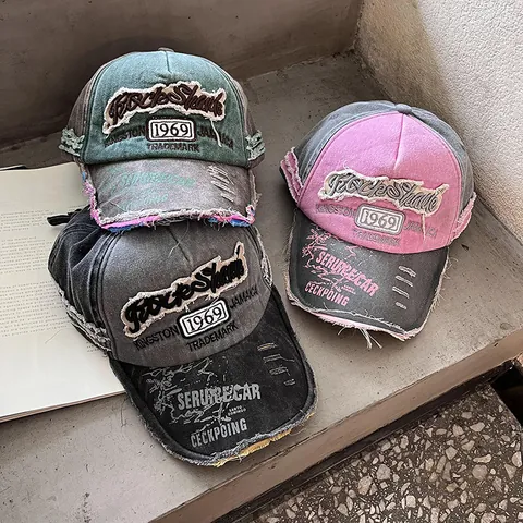 Berretto da Baseball in Misto Cotone Lavato Vintage Donna Cappello con Visiera Usurato con Toppa Ricamata 1969 Stile Street Regolabile