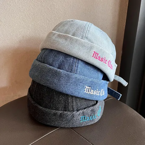 Retro Washed Denim Brimless Hat For Men Women Hip Hop Docker Cap Miki Hat With Letter Embroidery Adjustable Streetwear