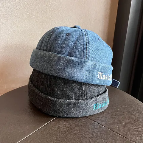 Retro Washed Denim Brimless Hat For Men Women Hip Hop Docker Cap Miki Hat With Letter Embroidery Adjustable Streetwear