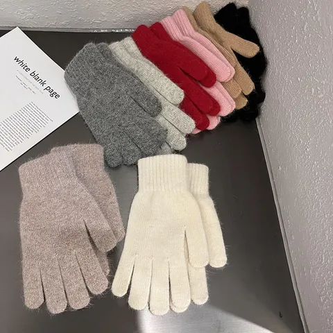 Damen Winter Warm Kaninchenhaarmischung Gestrickte Handschuhe Vollfinger Plüsch Fäustlinge Elastische Rippbündchen Einfarbig