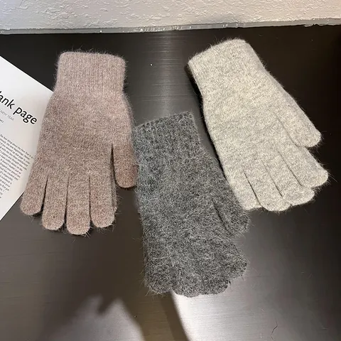 Damen Winter Warm Kaninchenhaarmischung Gestrickte Handschuhe Vollfinger Plüsch Fäustlinge Elastische Rippbündchen Einfarbig