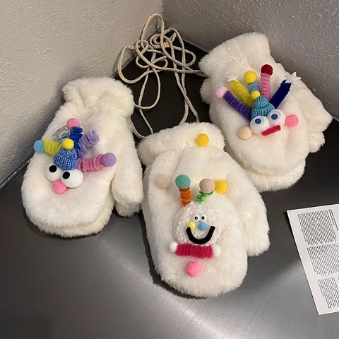 Funny Cartoon Monster Plush Mittens For Women Thickened Warm White Faux Fur Mittens With Colorful Pom-poms Hanging Neck Cord