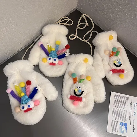 Funny Cartoon Monster Plush Mittens For Women Thickened Warm White Faux Fur Mittens With Colorful Pom-poms Hanging Neck Cord