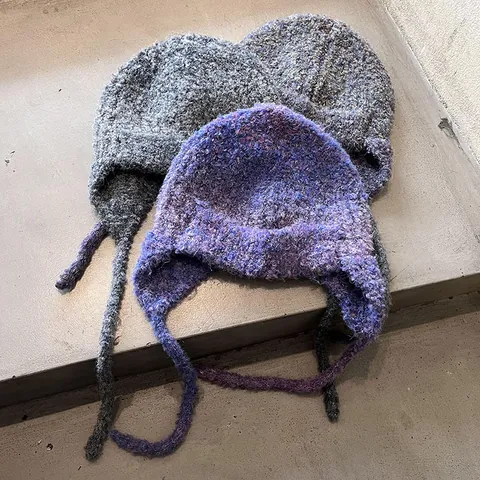 Damen Warm Strick Ohrenklappen Mütze Boucle Garn Gradient Mischfarbe Winddicht Winter Lei Feng Hut Mit Bändern