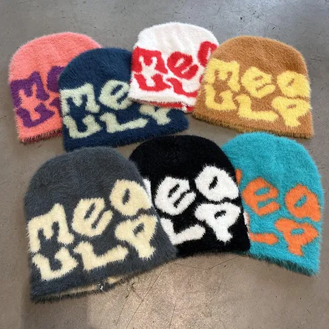 Women Men Winter Warm Knit Beanie Hat Fuzzy Acrylic Mohair-Like Letter Jacquard Ear Protection Beanie Korean Streetwear Y2K Casual Cap