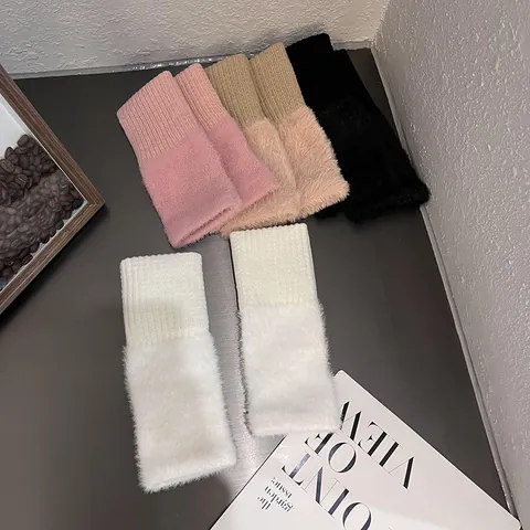 Damen Winter Warme Strickhandschuhe Fingerlos Kunstpelzbesatz Rippstrick Häkel Handgelenkwärmer Einfarbig Weiche Handschuhe