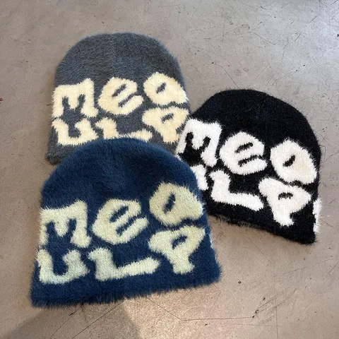 Women Men Winter Warm Knit Beanie Hat Fuzzy Acrylic Mohair-Like Letter Jacquard Ear Protection Beanie Korean Streetwear Y2K Casual Cap