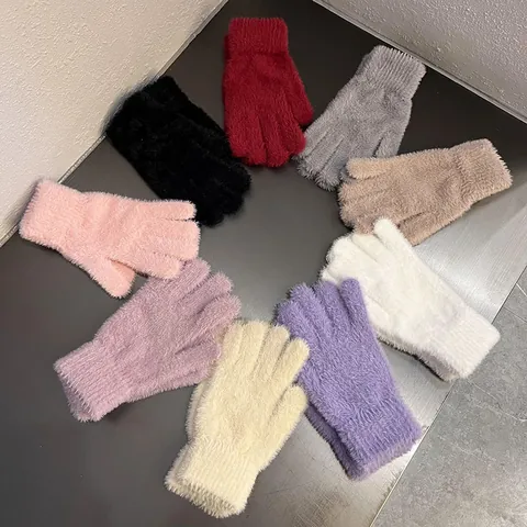 Women Winter Faux Mink Fur Plush Warm Gloves Soft Solid Color Full Finger Knitted Mitten Ribbed Cuff Outdoor Accessories