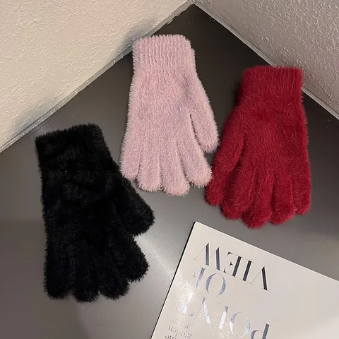 Women Winter Faux Mink Fur Plush Warm Gloves Soft Solid Color Full Finger Knitted Mitten Ribbed Cuff Outdoor Accessories