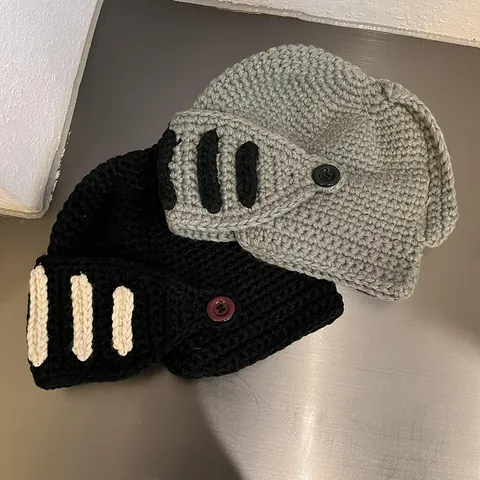 Creative Knight Helmet Style Knitted Beanie With Movable Mask Integrated Windproof Warm Winter Hat For Men Women Couples