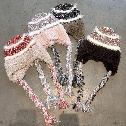Women Winter Plush Knitted Trapper Hat Warm Earflap Lei Feng Hat Braided Tassel Spliced Striped Cold Protection Cap