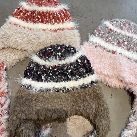 Women Winter Plush Knitted Trapper Hat Warm Earflap Lei Feng Hat Braided Tassel Spliced Striped Cold Protection Cap