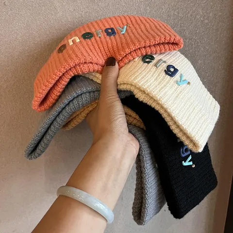 Women Knitted Woolen Yarn Headband Winter Warm Ear Warmer Hair Band With 3D Energy Letters Fashion Ribbed Knit Sport Headwrap