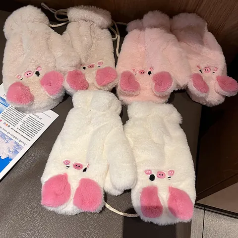 Simpatici Muffole in Peluche Maiale Cartone Animato Donna Interno in Pile Guanti Caldi in Pelliccia Sintetica Con Cordino