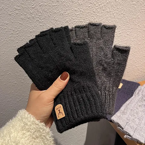 Winter Thickened Knitted Half Finger Gloves Unisex Warm Fingerless Gloves With Deer Leather Label Solid Color Mittens