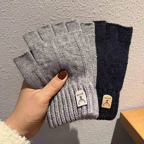 Winter Thickened Knitted Half Finger Gloves Unisex Warm Fingerless Gloves With Deer Leather Label Solid Color Mittens