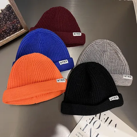 Women Men Winter Warm Knit Beanie Hat Acrylic Solid Color Ribbed Skull Cap With NTRX Label Streetwear Casual Docker Hat