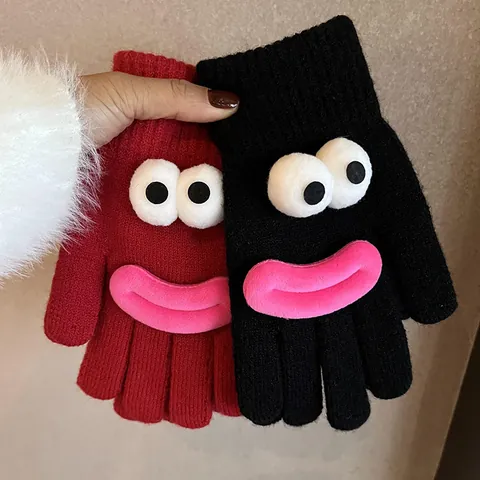 Funny Cartoon Monster 3D Big Eyes Knitted Gloves For Women Winter Warm Soft Polyester Five Finger Gloves Hand Warmers