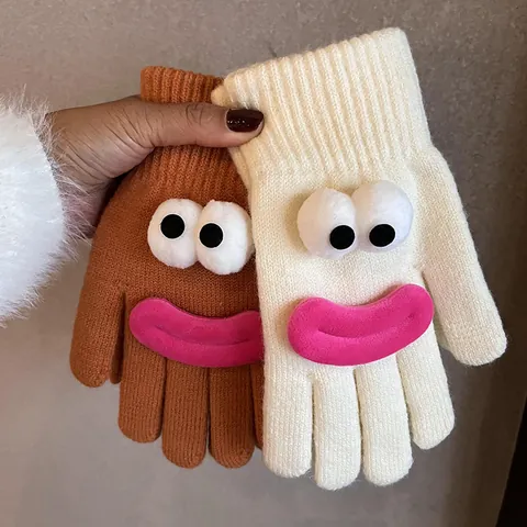 Funny Cartoon Monster 3D Big Eyes Knitted Gloves For Women Winter Warm Soft Polyester Five Finger Gloves Hand Warmers