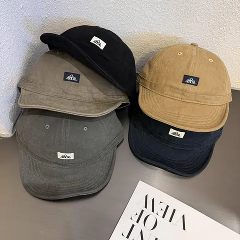 Cappello da Baseball Vintage Amekaji a Tesa Corta Regolabile in Misto Cotone Workwear Parasole Soft Top Con Patch Logo Montagna