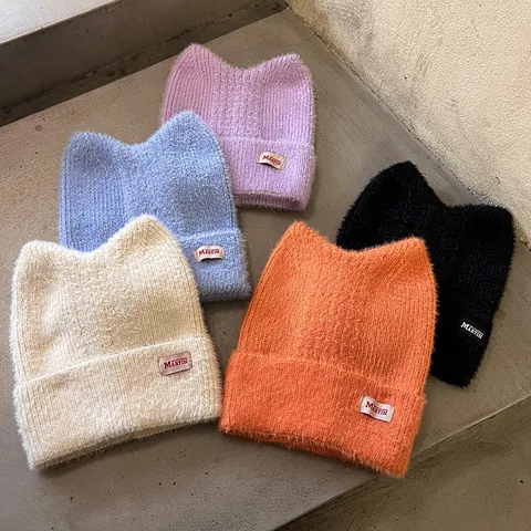 Damen Koreanisch Süße Katzenohren Einfarbig Strickmütze Winter Warm Plüsch Beanie Mit Buchstaben Aufnäher Modische Schädelkappe Für Studenten