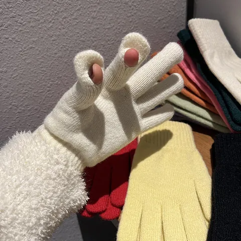 Damen Winter Strickhandschuhe Einfarbig Warm Verdickte Rippbündchen Touchscreen Offene Fingerkuppen Handschuhe Zum Radfahren