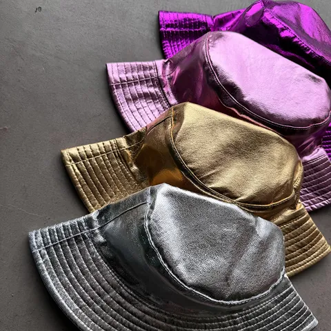 Μεταλλικό Δέρμα PU Αναστρέψιμο Καπέλο Bucket για Γυναίκες Λαμπερό Χρυσό Ασημί Ροζ Μοβ Σκίαστρο Αναδιπλούμενο Καπέλο Πάρτι