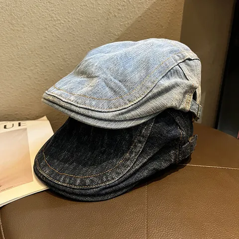 Retro Washed Denim Flat Cap For Men Women Vintage Adjustable Newsboy Hat Casual Cotton Beret Sunshade Solid Color