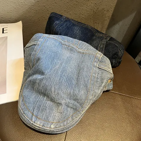 Retro Washed Denim Flat Cap For Men Women Vintage Adjustable Newsboy Hat Casual Cotton Beret Sunshade Solid Color