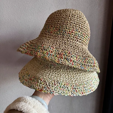 Cappello da Pescatore in Paglia di Carta Intrecciato a Mano da Donna Con Cuciture Colorate Traforato Parasole Spiaggia