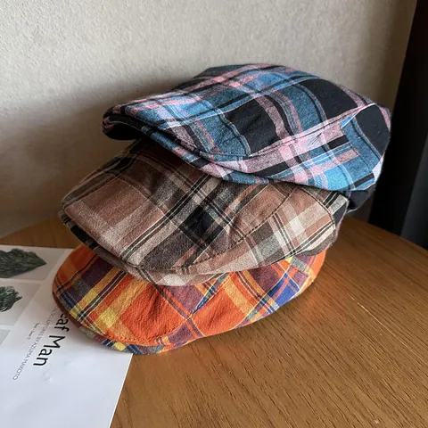 Béret Vintage à Carreaux pour Femme Respirant en Mélange de Coton Casquette Plate Ajustable Style Britannique Peintre