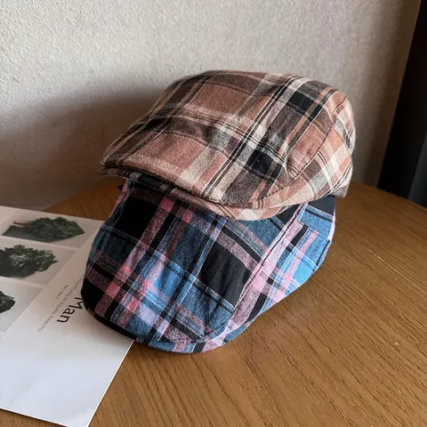 Béret Vintage à Carreaux pour Femme Respirant en Mélange de Coton Casquette Plate Ajustable Style Britannique Peintre