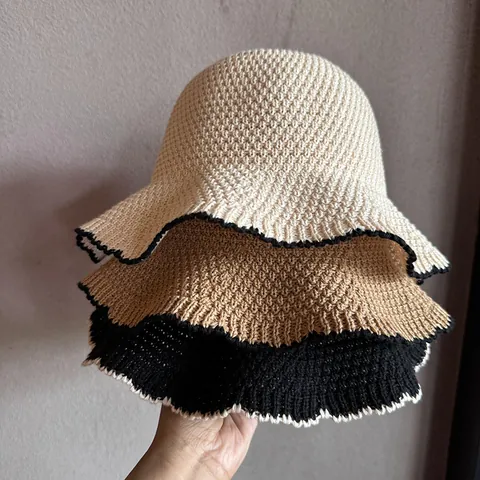 Dames Vintage Gebreide Vissershoed Contrast Golvende Rand Zonbescherming Ademend Haakwerk Zomerhoed Voor Op Reis