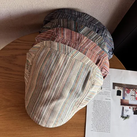 Coppola a Righe Retro Britannico in Misto Cotone Regolabile Tesa Corta Cappello Newsboy per Uomo Donna Moda Traspirante Casual